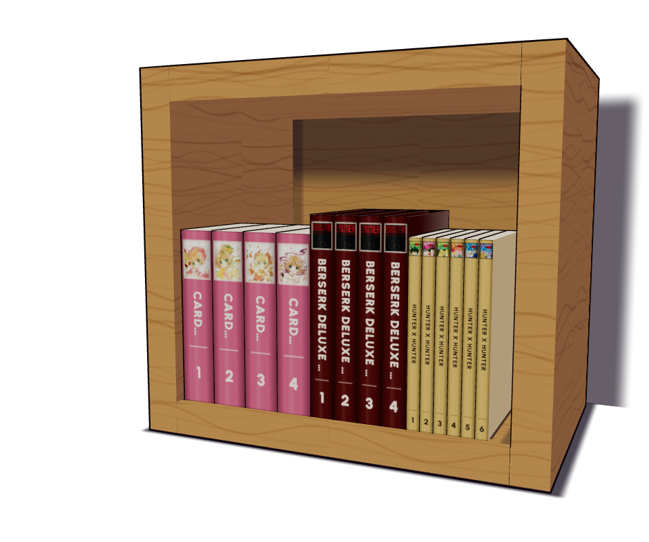 An oak shelf from the Showcase holding Cardcaptor Sakura omnibus 1 to 4, Berserk Deluxe Edition 1 to 4 and Hunter x Hunter 1 to 6