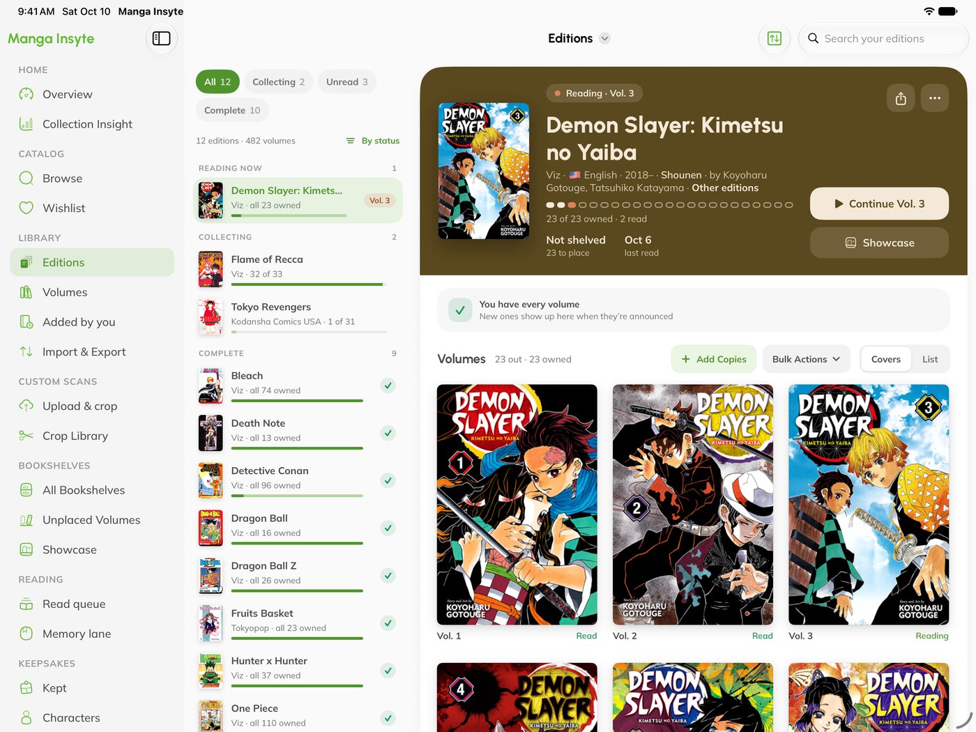 Editions on iPad: the Demon Slayer Viz edition with every volume's cover